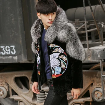 2018 Новая зимняя куртка из овчины для мужчин, мужское пальто в китайском стиле с вышивкой, Классическое пальто с капюшоном