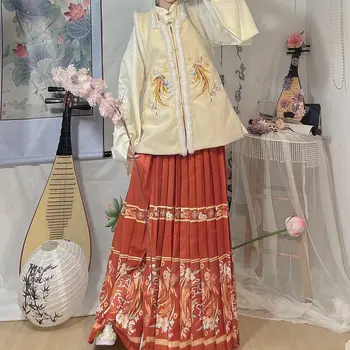 2022 новый китайский традиционный зимний костюм для народных танцев hanfu с золотым тиснением, восточный ретро-жилет эпохи мин, комплект hanfu, новогодняя одежда