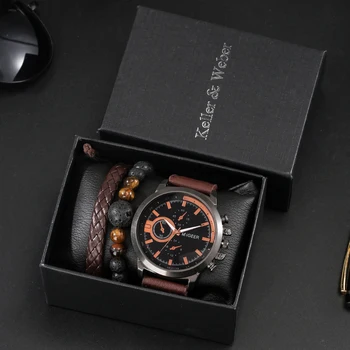 2023 Модные Мужские часы-браслет, комплект из 3 предметов, Кожаные Кварцевые Аналоговые часы, Деловые наручные часы, Тканые браслеты, Костюм в подарок мужу