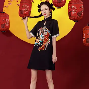 2023 Новый черный национальный модный Чонсам для молодых девушек, Улучшенное Свободное короткое платье, черное китайское традиционное платье Чонсам