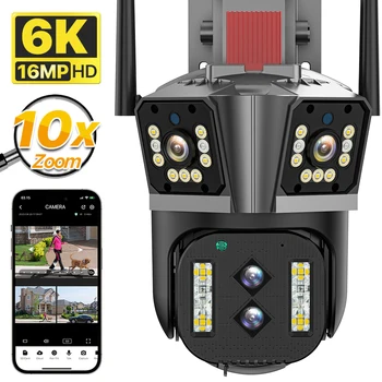 6K HD WIFI Четырехобъективная Трехэкранная Камера Безопасности IP-камера 16MP 10X Гибридный Зум Наружная Автоматическая Отслеживающая PTZ-Камера 4K Видеонаблюдения