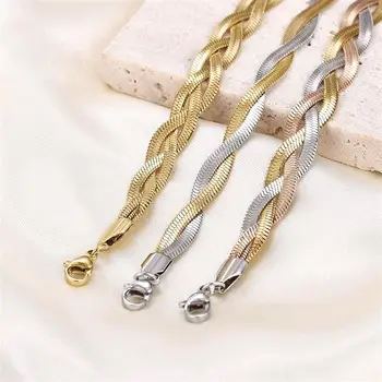 Jiayiqi Витое Плоское лезвие Змеиная цепочка Ожерелье и браслеты для женщин Золотого цвета Ожерелья из нержавеющей Стали Модные украшения