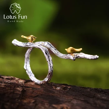 Lotus Fun Настоящее серебро 925 пробы, Оригинальные ювелирные украшения ручной работы, Регулируемое кольцо из 18-каратного золота с птицей на ветке, кольца для женщин, бижутерия
