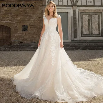 RODDRSYA/ Свадебные платья с короткими рукавами и Аппликацией на шнуровке Сзади, Vestidos De Novia, Тюлевые Свадебные платья Трапециевидной формы, Принцесса