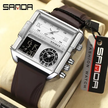 SANDA 9008 Силикагелевые мужские часы, Брендовые Мужские Часы с двойным дисплеем времени, Цифровой кварцевый Секундомер, Будильники, Спортивные часы, Водонепроницаемые
