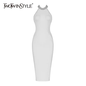 TWOTWINSTYLE, Белое Сексуальное платье для женщин, без рукавов, с высокой талией, в стиле пэчворк, Жемчужные миди-платья, Женские Летние новинки 2021