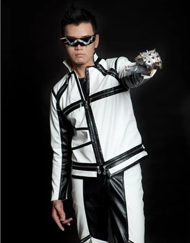 белая кожаная ткань, тонкая мужская куртка, корейская одежда, костюм певца для ночного клуба, танцевальное шоу, повседневная куртка