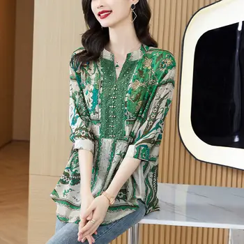 Блузка 2023 Летняя новая корейская повседневная блузка с принтом для тяжелых работниц, горячая дрель, V-образный вырез, хлопковая блузка из небесного шелка с короткими рукавами