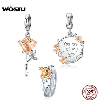 Бусины из розы WOSTU, талисманы из 100% стерлингового серебра 925 Пробы, форма Цветка, подходят Для оригинальных браслетов, ожерелье 