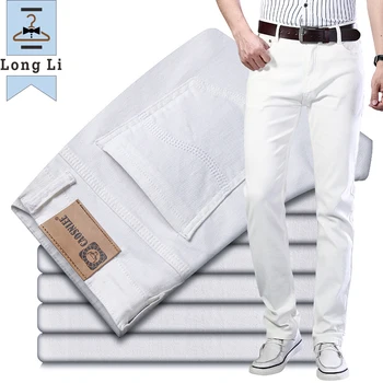 Весенне-летние мужские белые эластичные джинсы обычной посадки Классического стиля, деловые повседневные хлопковые узкие брюки, Джинсовые брюки мужского бренда