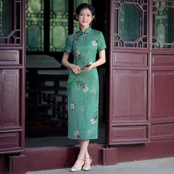 Винтажное Модное Китайское Платье Ципао Зеленого Цвета средней длины с принтом, Сексуальное Приталенное Женское Элегантное Платье Чонсам Размера Плюс 3XL, Vestidos