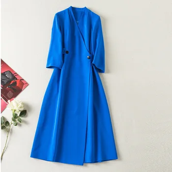 Европейская и американская женская одежда, весна 2022, новые рукава три четверти с V-образным вырезом, модное тонкое синее платье XXL
