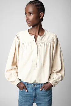 Женская джинсовая блузка с круглым вырезом и вышивкой 2023, Весенняя простая женская повседневная рубашка на пуговицах с длинным рукавом