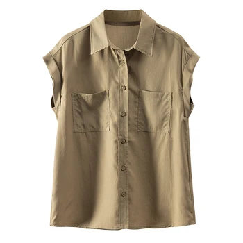 Женская рубашка в стиле сафари 2023, Летние блузки Mujer De Moda из лиоцелла, тонкие (летние)  Без рукавов с однобортным карманом