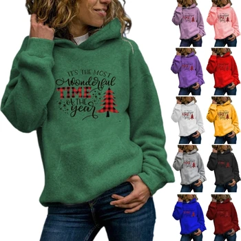 Женская Свободная Флисовая толстовка с капюшоном, Повседневный Пуловер с длинными рукавами и заниженными плечами, топ с Рождественской графикой, Толстовка, свитер
