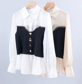 Женские высококачественные трикотажные рубашки в стиле пэчворк во французском стиле, блузки F062