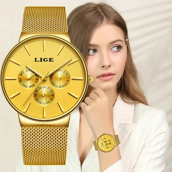 Женские часы LIGE, Лидирующий бренд, Роскошные золотые кварцевые часы, женские водонепроницаемые часы с полным стальным циферблатом, часы с датой