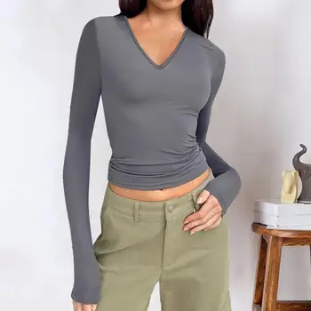 Женский осенний топ с V-образным вырезом и длинными рукавами, однотонный приталенный эластичный мягкий повседневный пуловер, дышащая женская весенняя футболка из женской ткани