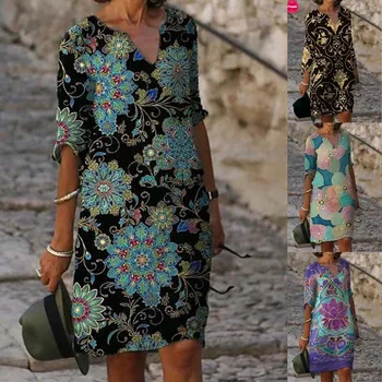 Женское платье с ретро-принтом 2023, Летнее Пляжное платье с цветочным принтом, короткими рукавами и круглым вырезом, Vestidos De Mujer