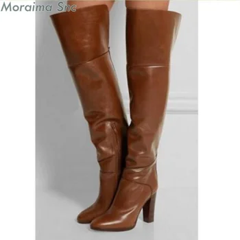 Зимняя коричневая обувь, женская обувь Из искусственной кожи, мотоциклетные сапоги выше колена на высоком каблуке, Высококачественные сапоги до бедра