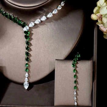 Модные Комплекты Ожерелья из Саудовской Аравии для Женщин, Прозрачный Зеленый Кубический Циркон, Форма Капли Воды, Длинные Серьги-подвески, Набор N-1580
