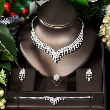 Модные круглые серьги в форме воды, ожерелье, браслет, кольцо для женщин, блестящий кубический цирконий, комплекты ювелирных изделий из белого золота N-457
