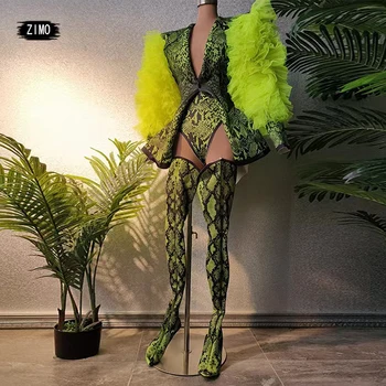модный сексуальный комплект из трех предметов, флуоресцентное зеленое трико со змеиным принтом на Хэллоуин, женское праздничное боди, наряд для выступлений