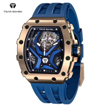 Мужские Автоматические часы TSAR BOMBA, наручные часы Tonneau, водонепроницаемые сапфировые модные светящиеся часы, механические мужские часы
