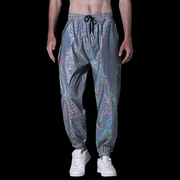 Мужские Спортивные штаны для Бега Трусцой со Светоотражающими линиями Rainbow, Харадзюку, хип-хоп, Танцевальные Флуоресцентные Брюки, Уличная одежда для ночного спорта, Повседневные брюки