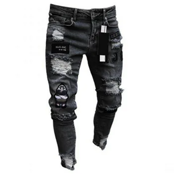 Мужские Эластичные Рваные Обтягивающие джинсы с байкерской вышивкой и мультяшным принтом, с разрушенной дырой, облегающий деним, высококачественные черные джинсы в стиле хип-хоп