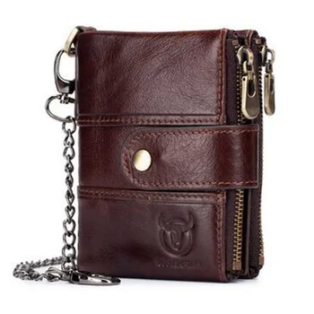 Мужской Rfid-кошелек, кожаный кошелек первого слоя, короткий мужской мини-кошелек с 3 складками на цепочке