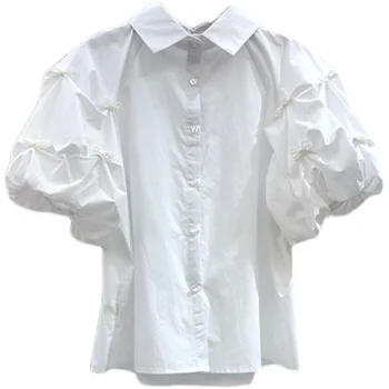 Новейшая Простая рубашка с пышными рукавами и жемчужным бантом, Блузка, Женская Летняя новая мода, Blusas Mujer, однотонные рубашки с отложным воротником, топы