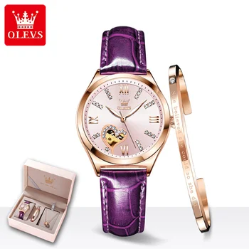 Новые часы в подарок, автоматические механические модные женские наручные часы с кожаным ремешком, высококачественные Изысканные водонепроницаемые часы для женщин