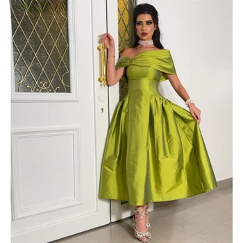 Оливково-Зеленая Тафта, Короткое Платье для выпускного вечера, рукава с открытыми плечами, Вечерние платья Длиной до щиколоток, Саудовские Арабские Вечерние платья