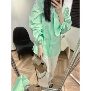 Повседневная Рубашка Женская Осень 2023, Новая Корейская версия, Модный Ленивый Стиль, Свободное Мятно-Зеленое Однотонное пальто, Блузка Женская A10400