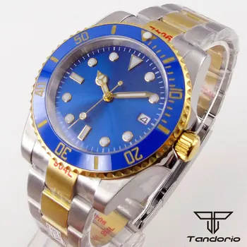 Позолоченные 40-миллиметровые автоматические мужские часы из натуральной кожи NH35 / Miyota 8215 Механизм Синий Циферблат Стальной браслет Сапфировый двухцветный