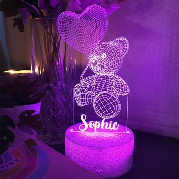 Пользовательское Имя Плюшевый Мишка 7/16 Цветной Ночник 3D LED Лампа Для Декора Детской Комнаты Рождественский Подарок На День Рождения