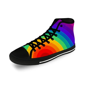 Разноцветная повседневная ткань в радужную полоску, модная обувь с высоким берцем с 3D-принтом, мужские Женские подростковые легкие дышащие кроссовки
