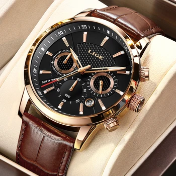 Роскошные брендовые спортивные часы LIGE для мужчин, кожаные часы, водонепроницаемые наручные часы, мужские часы, модный хронограф Relogio Masculino + коробка