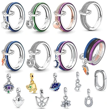 Серебро 925 Пробы, двухцветные Счастливые кольца, Мини-шарм, подвешенный, Оригинальный браслет Pandora, Кольцо, Ювелирные изделия 