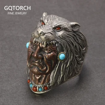 Серебряные индийские кольца 925 пробы для мужчин, винтажный ретро тип, волчья голова, сатана с гравировкой из красного оникса и бирюзового камня
