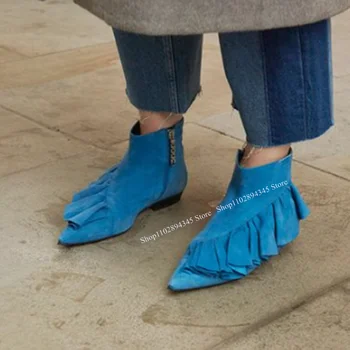 Синие туфли-лодочки с оборками на плоской подошве, острый носок, неглубокая молния, модная сексуальная женская обувь в новом стиле на лето 2023, Zapatillas Mujer