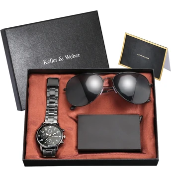 Современные мужские крутые черные солнцезащитные очки с кварцевыми наручными часами из сплава, металлический держатель для кредитных карт с арабским циферблатом, Подарочный набор для мужчин