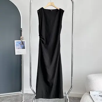 Увядший Французский стиль, Черный Цвет, Повседневное Льняное платье Миди, Женское Офисное Модное Плиссированное Тонкое платье