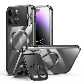 Чехол Из алюминиевого Сплава Для MagSafe iPhone 14 Pro Max 13 Pro Max С Магнитной Рамкой Бампера, Металлическая Защита Линз, Прозрачный Чехол