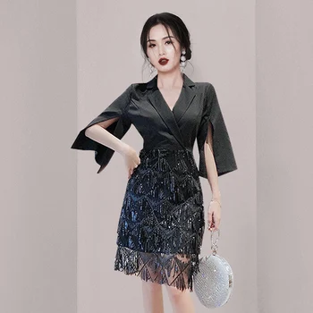 Шикарное Модное Женское Весенне-летнее Темпераментное мини-платье с V-образным вырезом, три четверти черного Цвета, в стиле пэчворк, с кисточками и пайетками, для офисной вечеринки