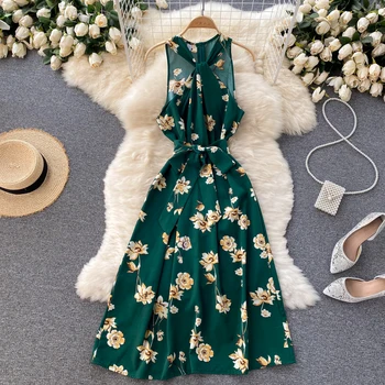 Элегантный Халат, Шифоновое платье Миди с цветочным рисунком, Женское Винтажное платье без рукавов, на шнуровке, 9 цветов
